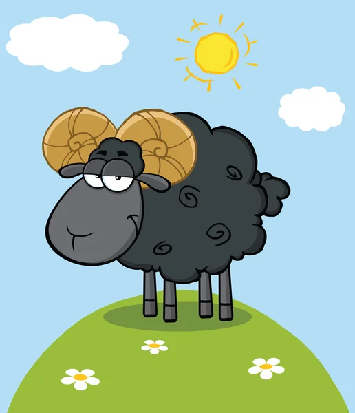 Caráter bonito dos desenhos animados das ovelhas do carneiro preto em uma colina — Fotografia de Stock