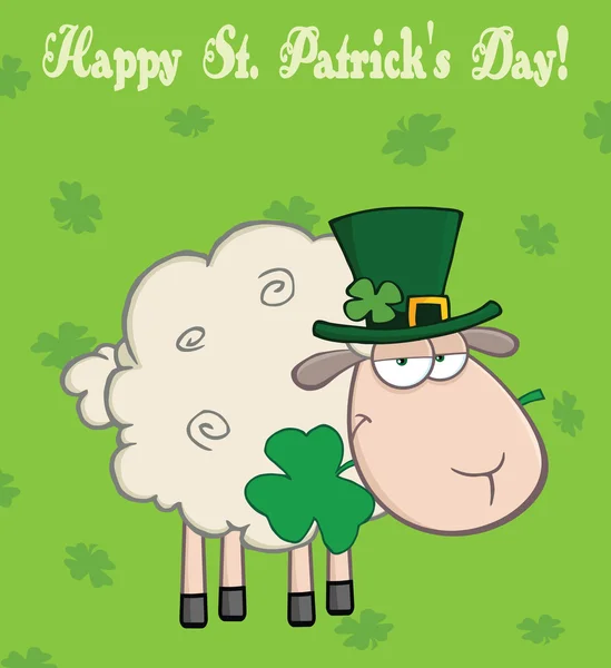 Ιρλανδική τα πρόβατα που φέρουν ένα τριφύλλι το στόμα του κάτω από κείμενο-happy Αγίου Πατρικίου Ημέρα του s — Φωτογραφία Αρχείου