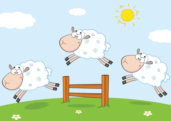 Üç komik koyun bir çitin üzerinden atlama — Stok fotoğraf