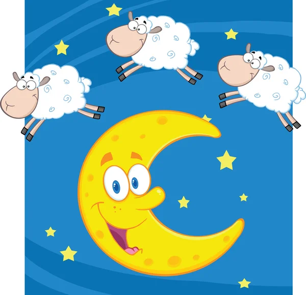 Three Funny Counting Sheep Over A Moon — Stock Photo, Image