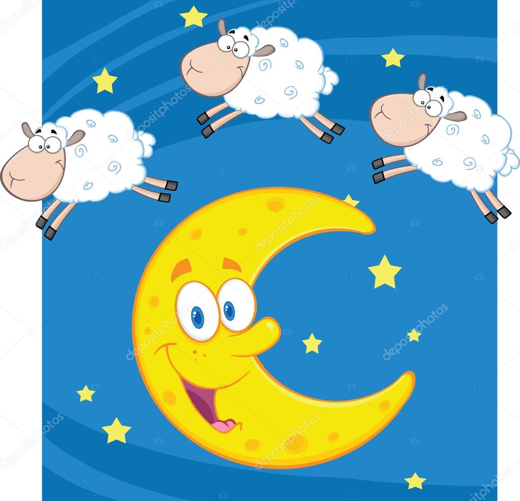 Three Funny Counting Sheep Over A Moon