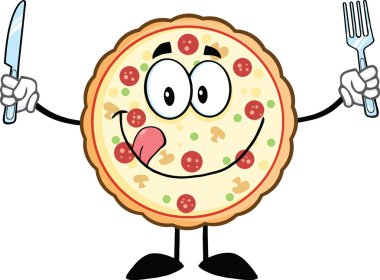 komik pizza çizgi film maskot karakteri ile bıçak ve çatal