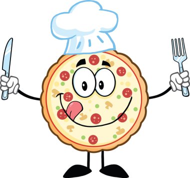 Pizza chef çizgi film maskot karakteri ile bıçak ve çatal