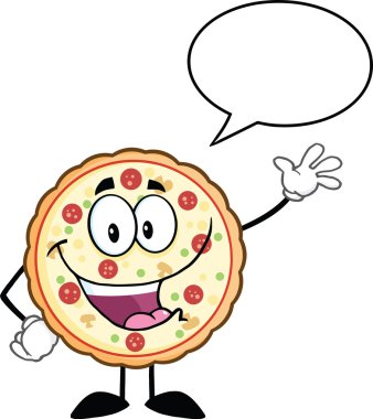 komik pizza çizgi film maskot karakteri ile konuşma balonu sallayarak