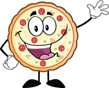 komik pizza çizgi film karakteri maskot sallayarak