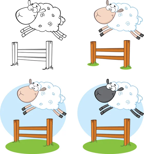 Sheep Cartoon Characters Jumping Over A Fence Collection Set — Stock Photo, Image