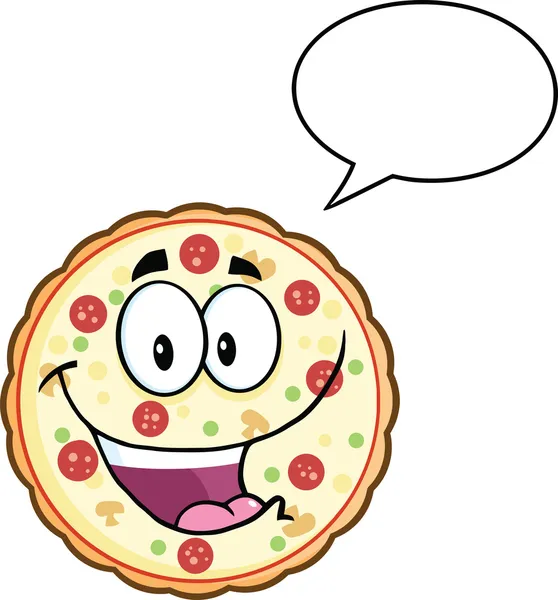 Смішна піца мультфільм талісман символ з мовою міхур — стокове фото