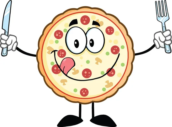Personaje divertido de la mascota de la historieta de la pizza con el cuchillo y el tenedor — Foto de Stock