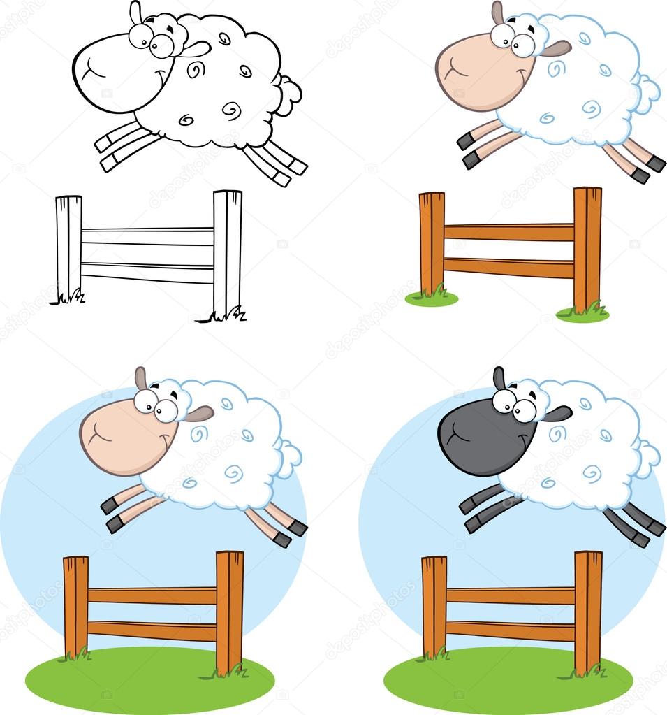 Sheep Cartoon Characters Jumping Over A Fence Collection Set
