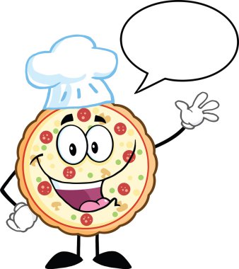 komik pizza chef çizgi film maskot karakteri ile konuşma balonu sallayarak
