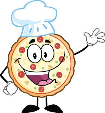 komik pizza chef çizgi film maskot karakter sallayarak