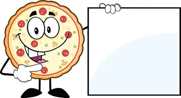 Funny pizza kreslený maskot charakter ukazuje prázdný znak — Stock fotografie