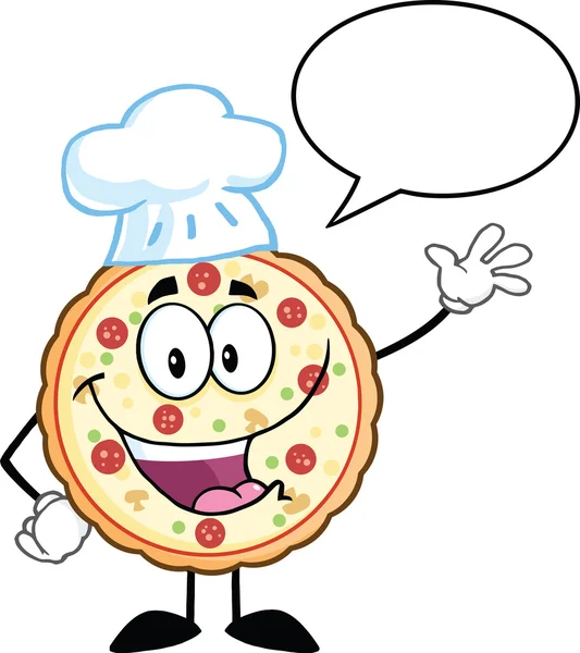 Funny Pizza Chef Cartoon Mascot Character Waving With Speech Bubble — Stock Photo, Image