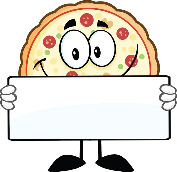 Carattere sorridente della mascotte del fumetto della pizza che tiene un segno — Foto Stock