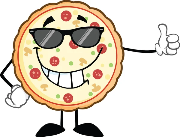 Sorrindo pizza com óculos de sol dando um polegar para cima — Fotografia de Stock