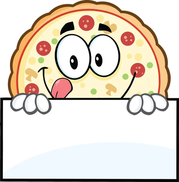 Caráter engraçado da mascote dos desenhos animados da pizza sobre um sinal — Fotografia de Stock