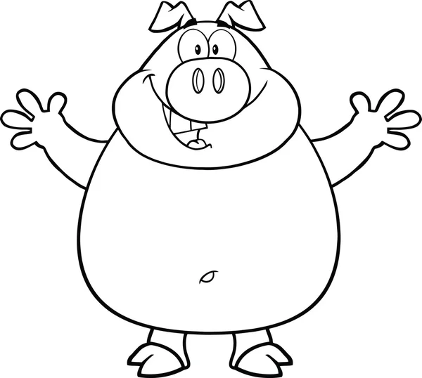 白と黒豚の漫画のマスコット キャラクター ハグの腕を開く — ストック写真