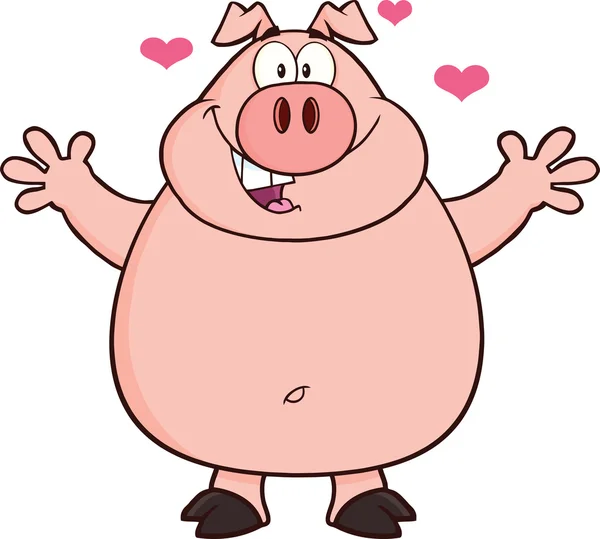 Mascotte de Cochon Joyeux personnage de bande dessinée bras ouverts et coeurs — Photo