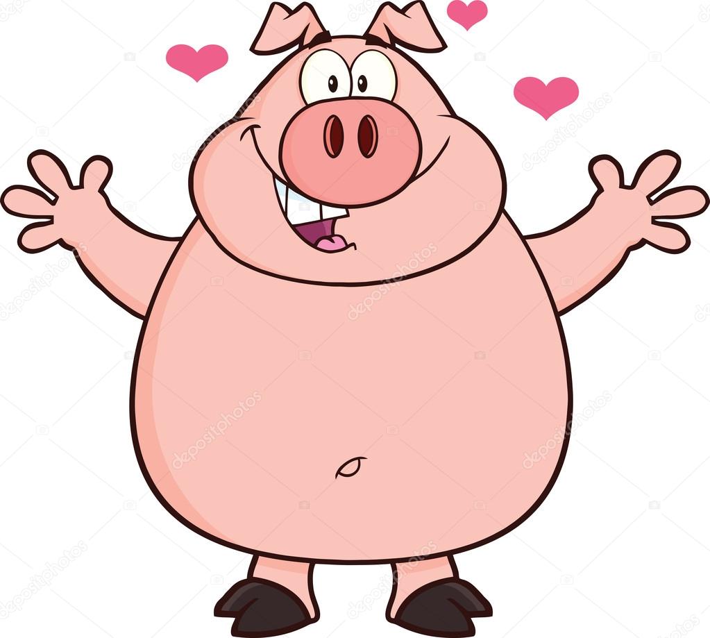 Happy Pig Cartoon Mascot Character Open Arms And Hearts