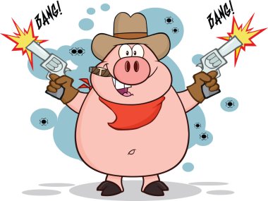 Cowboy Pig Character Shooting With Two Guns clipart