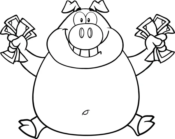 Black And White Smiling Rich Pig Jumping With Cash — Stock Photo, Image