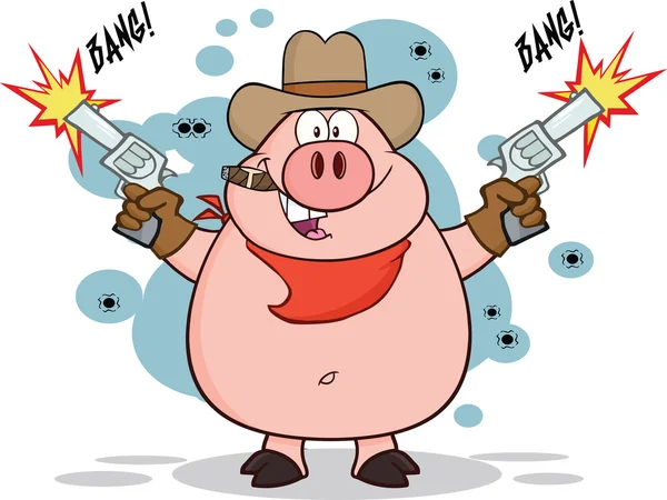 Cowboy Pig Character Shooting with Two Guns — стоковое фото