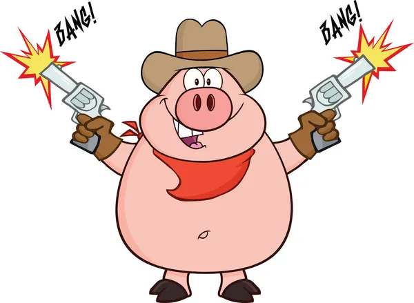 Cowboy Pig Cartoon Character Shooting with Two Guns — стоковое фото