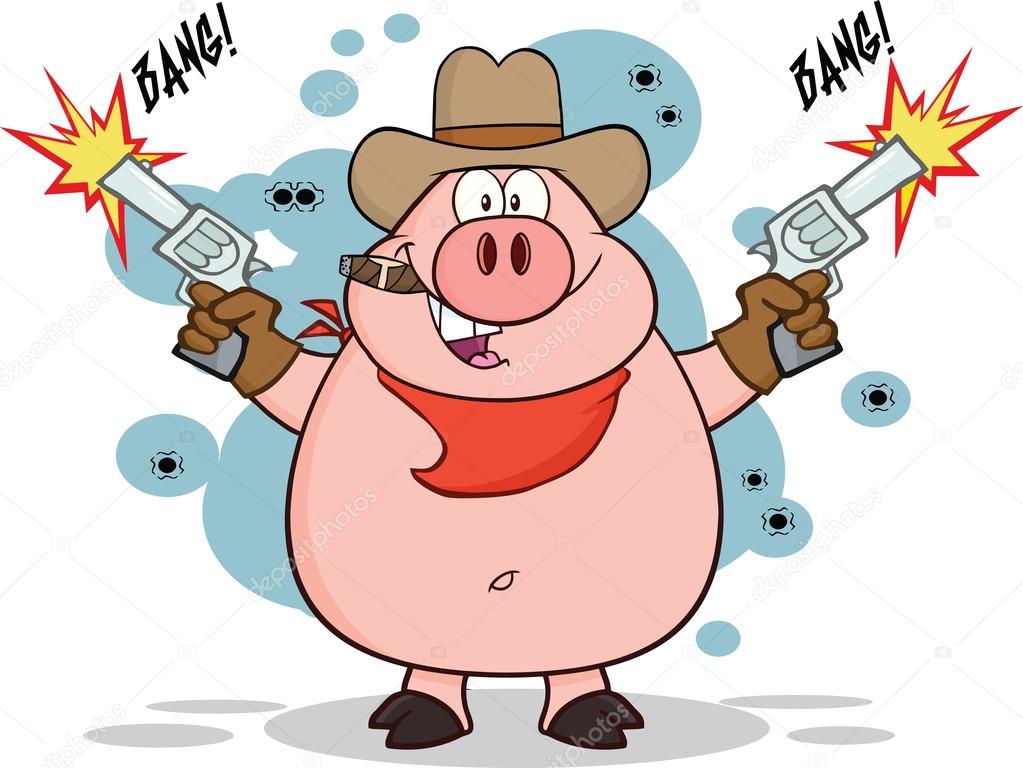 Cowboy Pig Character Shooting With Two Guns
