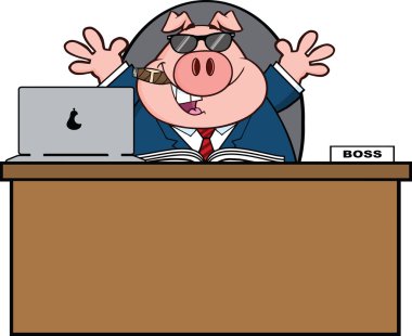 işadamı domuz karikatür puro masanın arkasında güneş gözlüklü,
