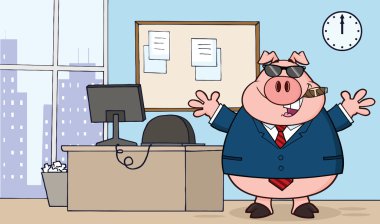 işadamı domuz karikatür puro ofiste gözlüklü,