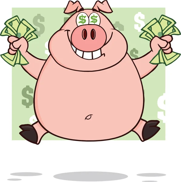 Улыбающаяся богатая свинья с долларовыми глазами и наличные перепрыгивают через зеленый — стоковое фото