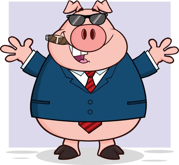Glad affärsman gris med solglasögon, cigarr och öppna armar — Stockfoto
