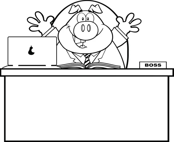 Schwarz-weiße Geschäftsmann Schwein Zeichentrickfigur hinter Schreibtisch — Stockfoto
