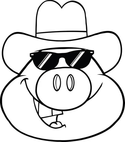 Černé a bílé prase hlavu kreslená postava s sluneční brýle a kovbojský klobouk — Stock fotografie