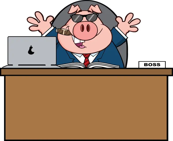 Fumetto del maiale dell'uomo d'affari con gli occhiali da sole, sigaro dietro la scrivania — Foto Stock