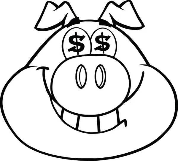 Tête de cochon riche souriante noire et blanche avec des yeux de dollar — Photo