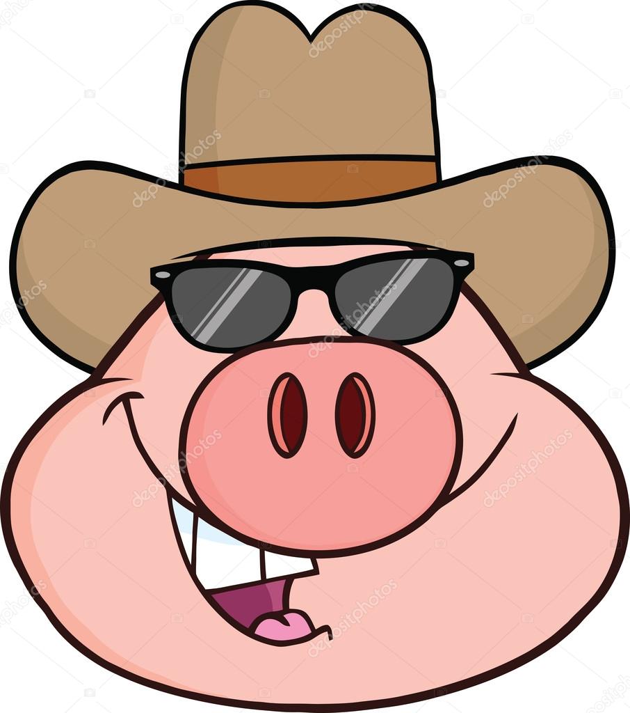 Pig Head Cartoon Character With Sunglasses And Cowboy Hat