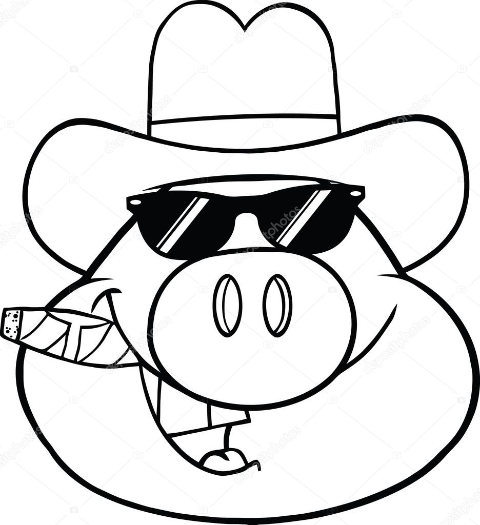 Zwart Wit Varken Hoofd Karakter Met Zonnebril Cowboy Hoed En Sigaar
