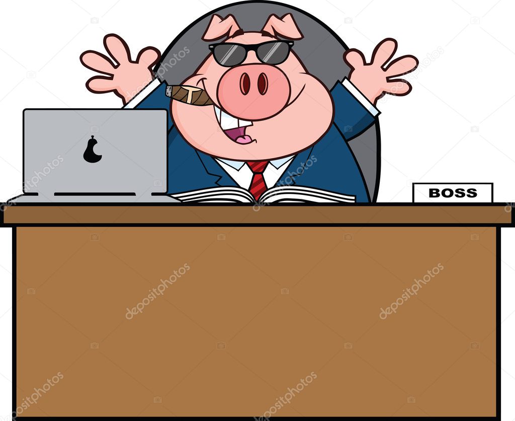 Businessman Pig Cartoon With Sunglasses,Cigar Behind Desk