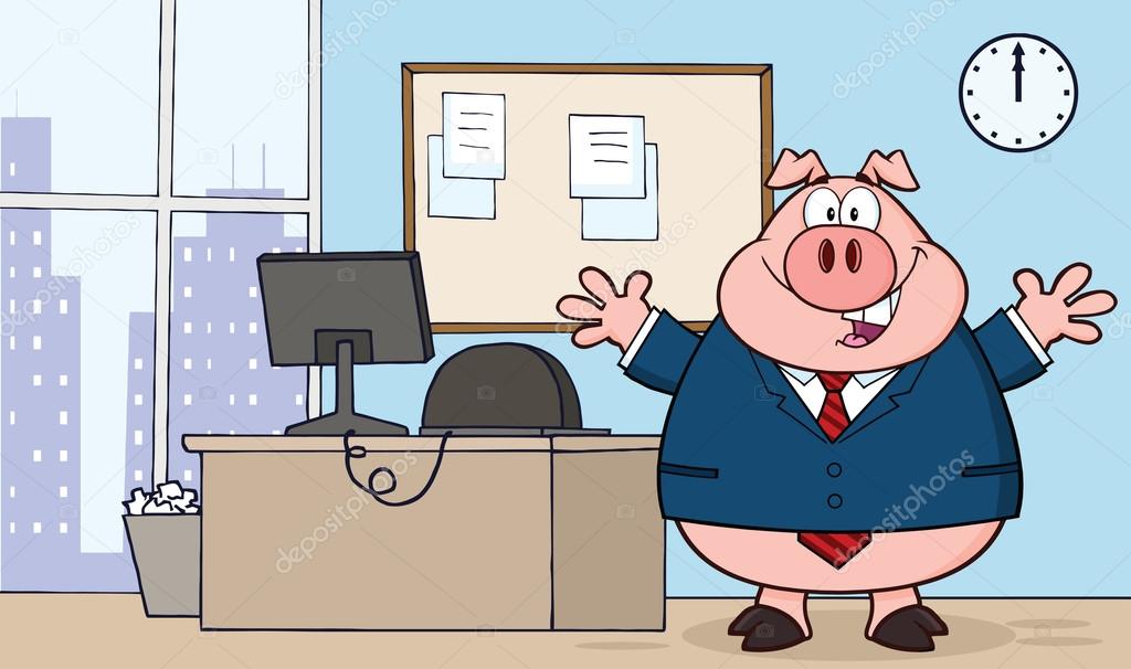 Businessman Pig Cartoon Character In Office