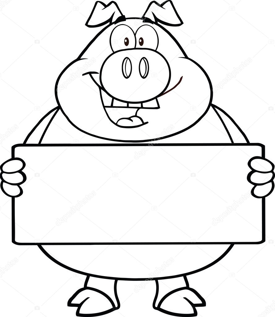 Black and white pig cartoon Black And White Pig Cartoon Character Holding A Banner. — Stock
