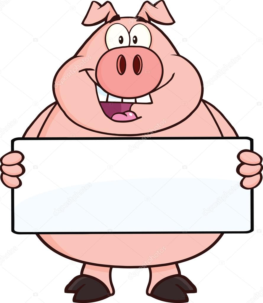 Happy Pig Cartoon Character Holding A Banner