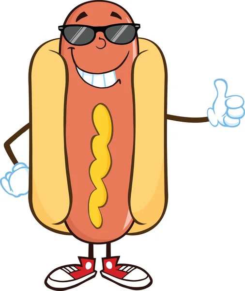 Carattere sorridente del fumetto dell'hot dog con gli occhiali da sole che mostrano un pollice su — Foto Stock