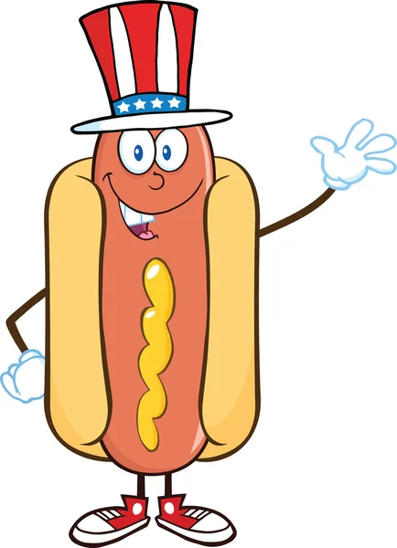 Hotdog stripfiguur met Amerikaanse patriottische hoed zwaaien — Stockfoto