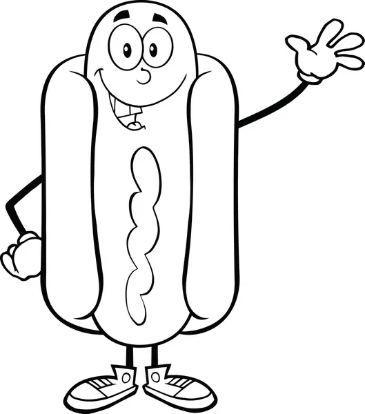 Schwarz-weiß glücklich Hot-Dog-Cartoon-Figur winkt — Stockfoto