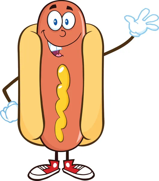 Felice Hot Dog personaggio dei cartoni animati agitando — Foto Stock