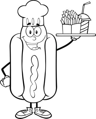 patates kızartması ve kola birlikte tutarak siyah beyaz sosis Şef karakter