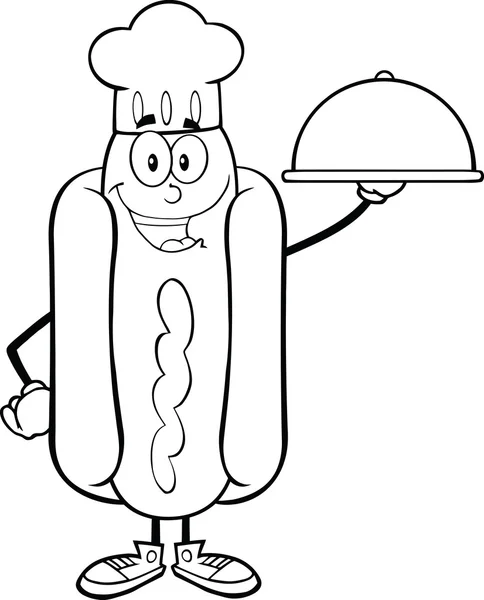 Negro Y Blanco Happy Hot Dog Chef Personaje de dibujos animados con una bandeja de Cloche —  Fotos de Stock