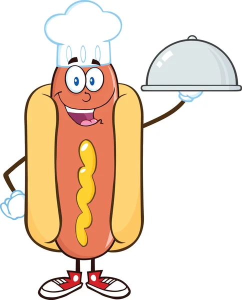 Happy Hot Dog Chef Caráter de mascote de desenhos animados com uma placa de cloche — Fotografia de Stock