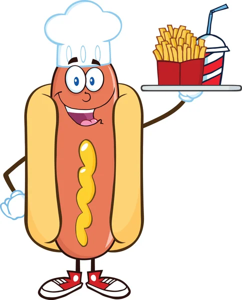 Caráter de Chef de cachorro quente segurando uma bandeja com batatas fritas e um refrigerante — Fotografia de Stock